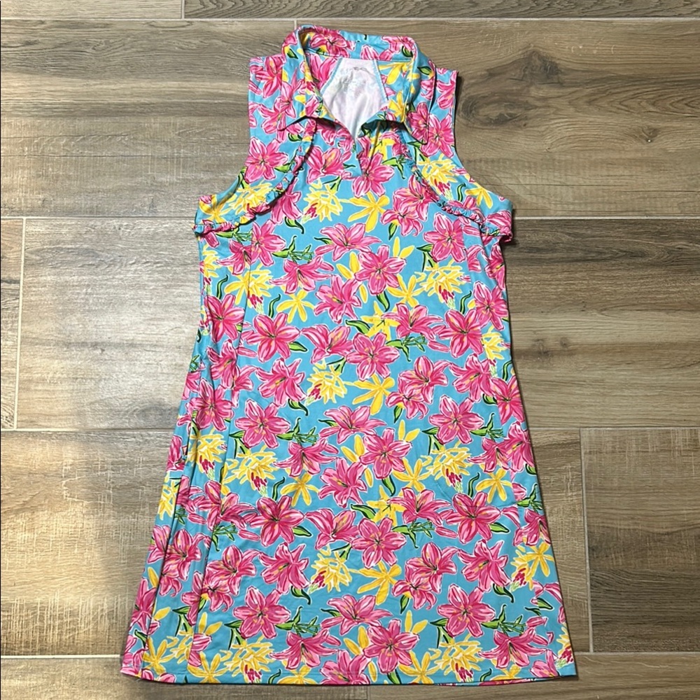 Gottex Dress Women's‎ Small Aqua Flowers UPF 50 Cara Ruffle Golf/Tennis/Pool - Picture 3 of 9